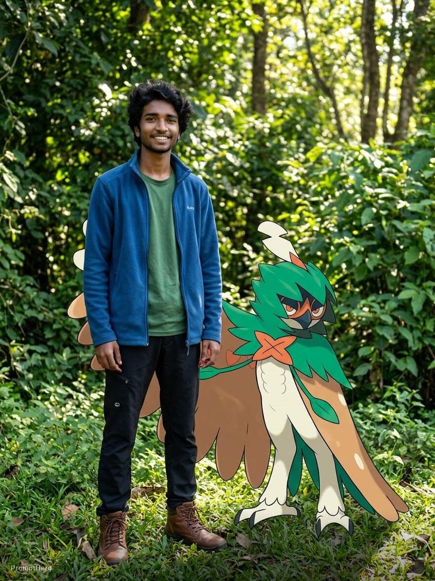 AI generated: a decidueye with a trainer wearing a blue fleece a green top black walking trousers and walking boot...
