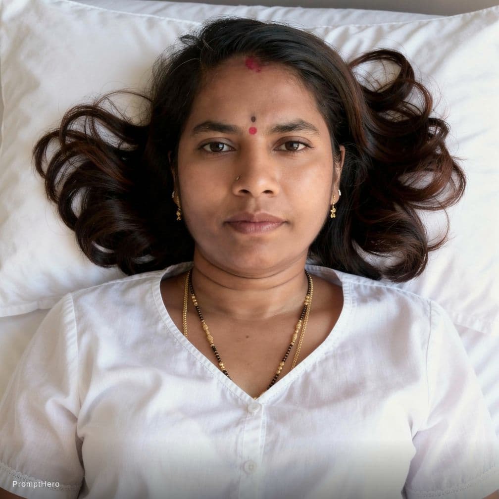 AI generated: Create a high-resolution photograph of a fit adult woman lying on her back in a bed covered with pri...