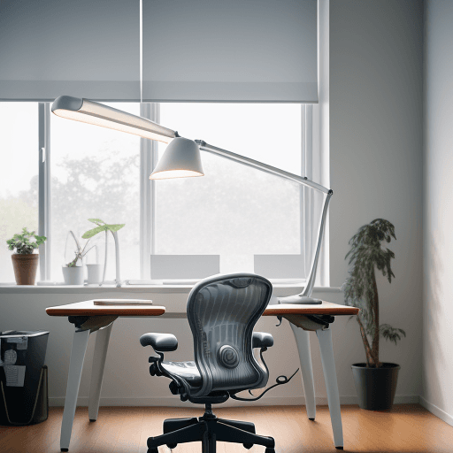 AI generated: Spacious office with frontal view, Herman Miller Aeron chairs, Artemide Tolomeo desk lamps, captured...