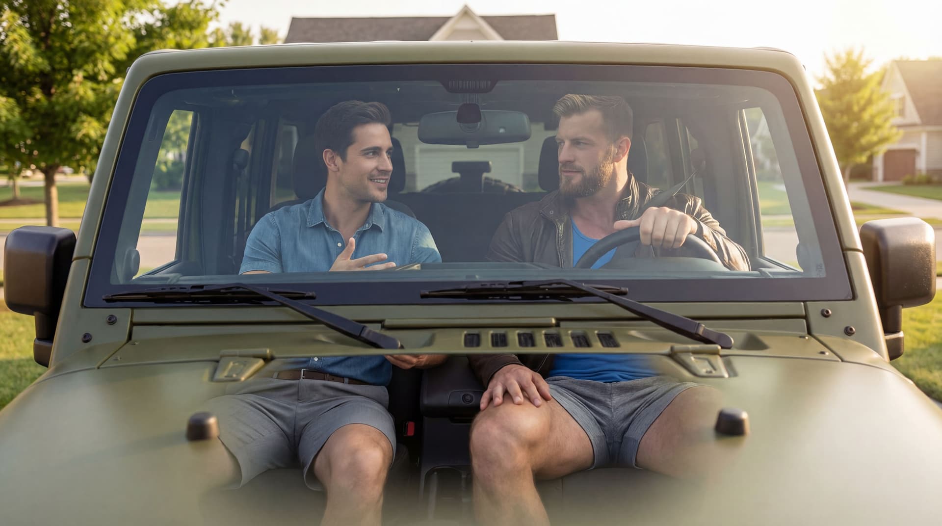 AI generated: In a nice sunny morning in a nice neighborhood. Inside a green olive Jeep with big tires. The bodybu...
