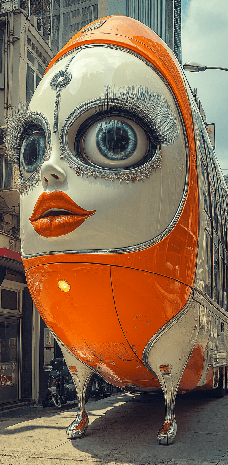AI generated: ultra-sharp photography, retrofuturistic surrealism, orange and white Parisian bus shaped like an el...