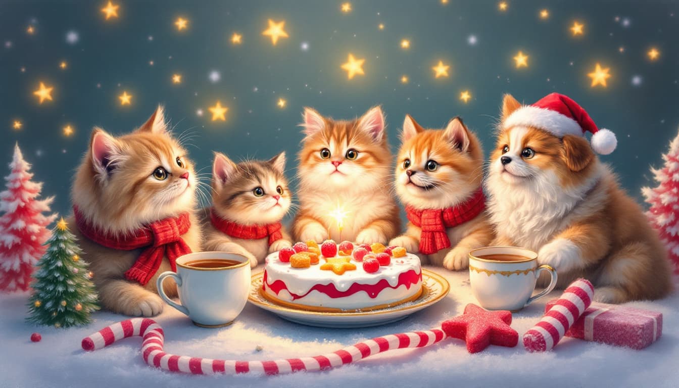 AI generated: xmas party tea party with dog,  A playful colored pencil drawing A cute, chewy, cats and dogs that l...
