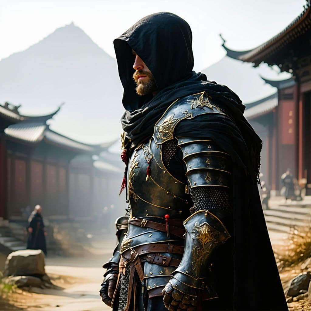AI generated: man, hooded, looking over shoulder, modern clothes, modern warlord, beard