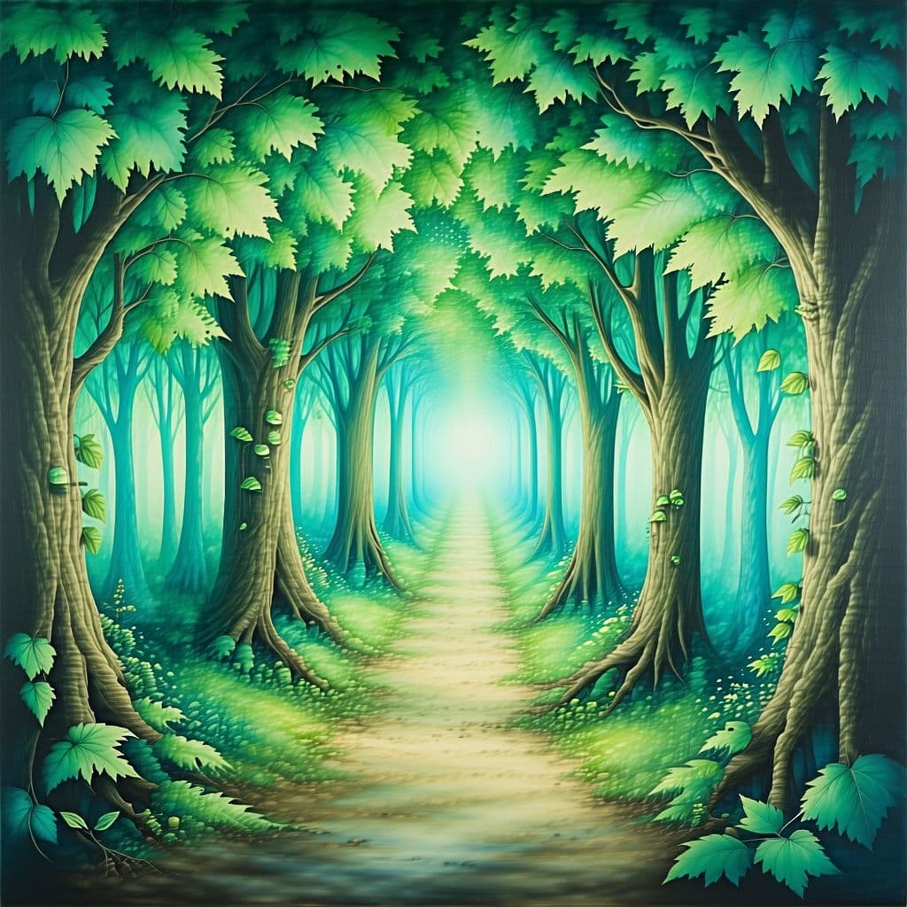 AI generated: water color painting, a straight infinite tunnel of dense greeneries, no details, crude brush stroke...