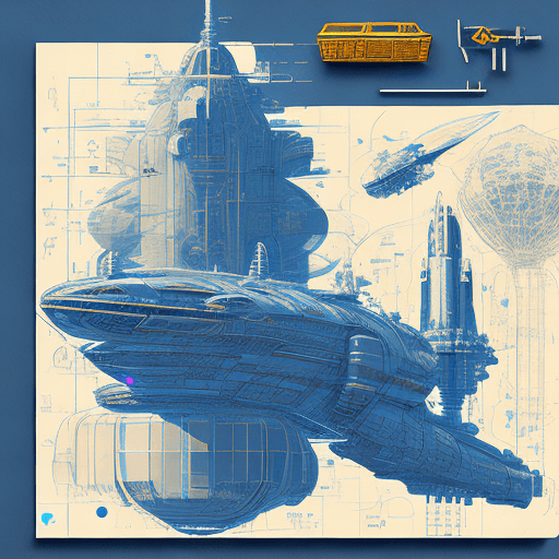 AI generated: sketches blueprint of futuristic sci-fi huge spacecraft, warp engines, formulas and annotations, sch...