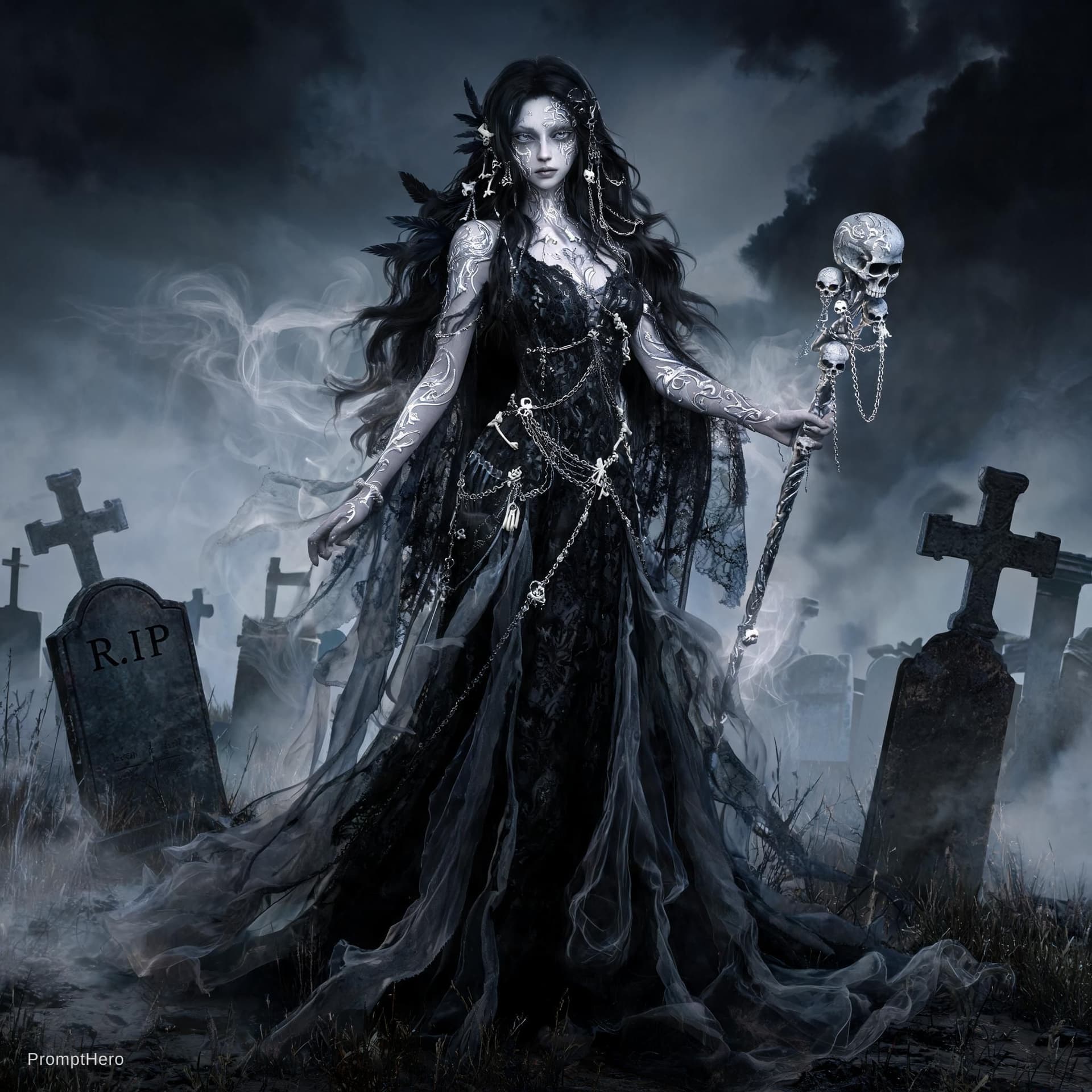 AI generated: An ultra-realistic, full-body portrait of a captivating gothic banshee woman, radiating ethereal bea...