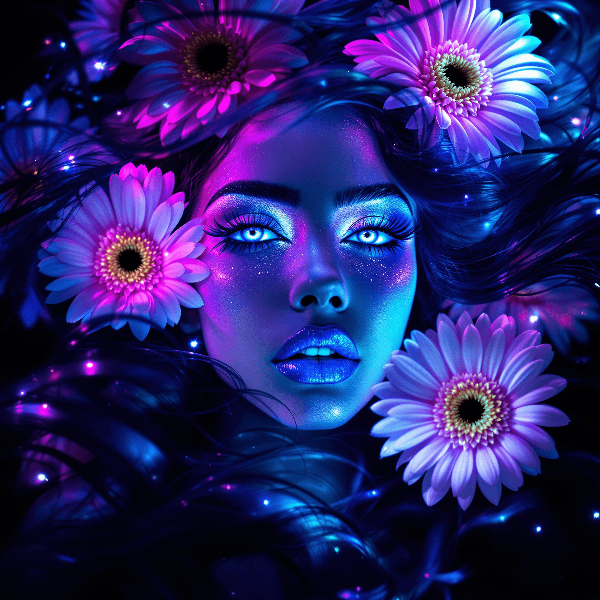 AI generated: 
A celestial eccentric beauty emerges, her piercing eyes framed by bold, artistic makeup in sapphire...