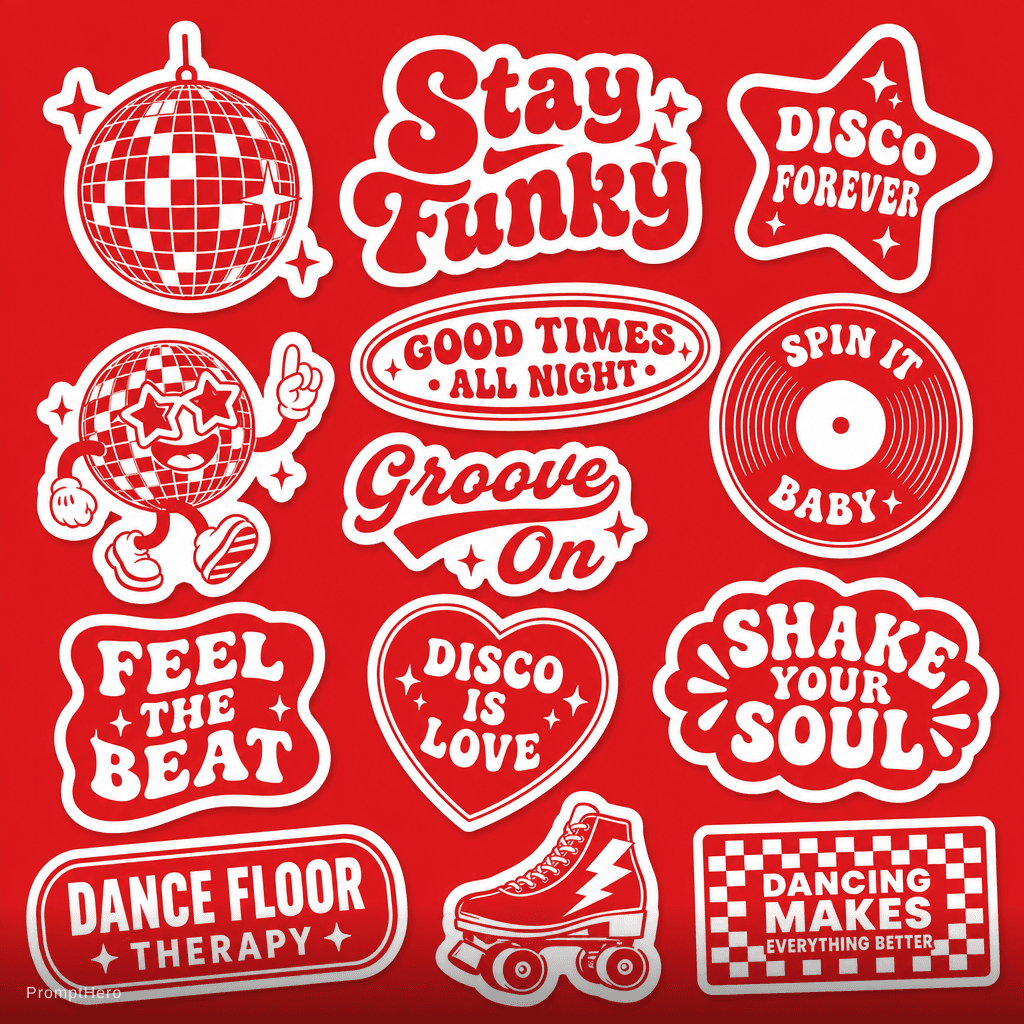 AI generated: Funky disky sicker pack in #E51F24.
