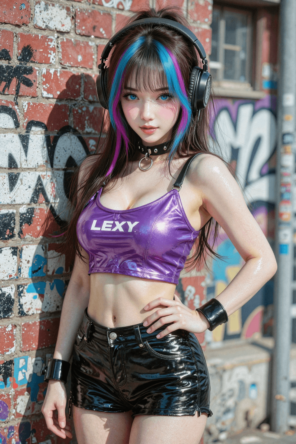 AI generated: This is a vibrant, medium-full portrait shot of an attractive, gamer-inspired female character posin...