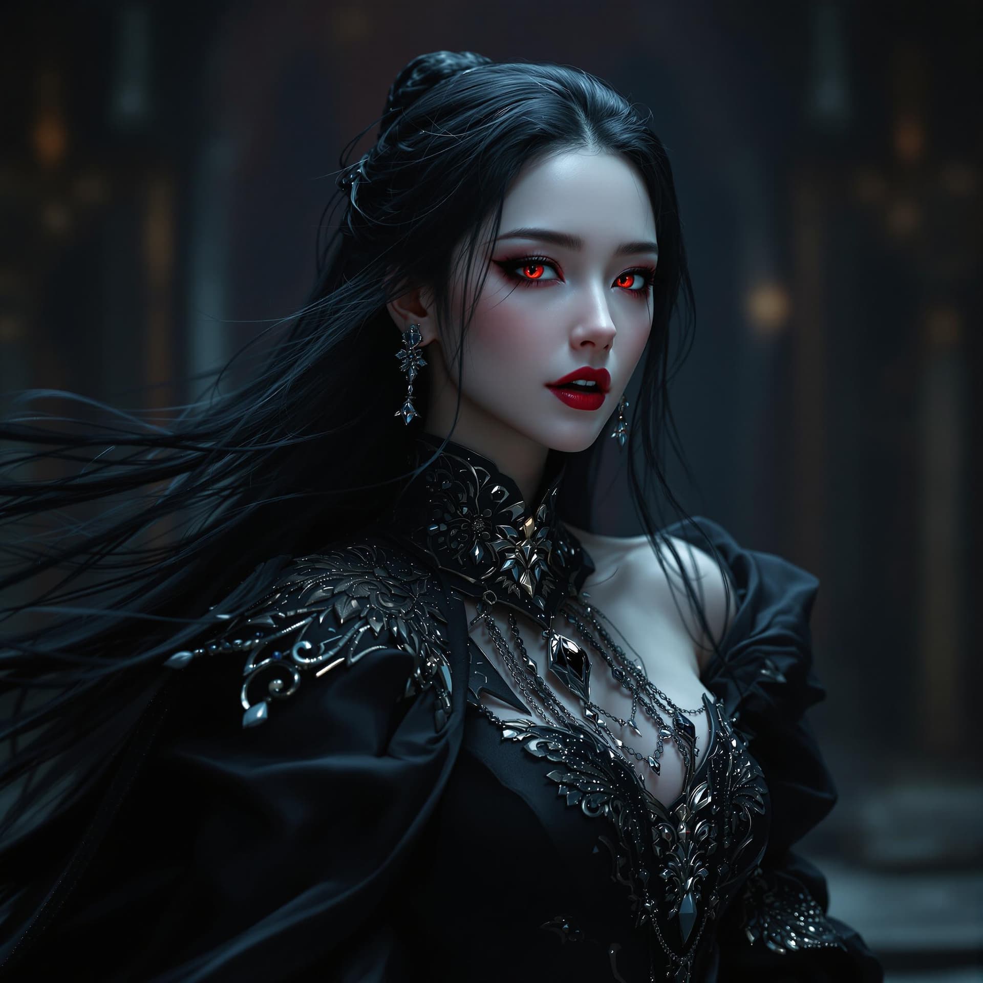 AI generated: High resolution photography, photorealistic full body pose, asian female vampire. flowing long dark ...
