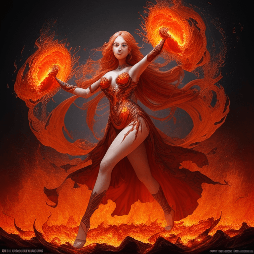 AI generated: she is a gorgeous woman-like being created out of fire and ashes ((she is coming out of molten lava)...