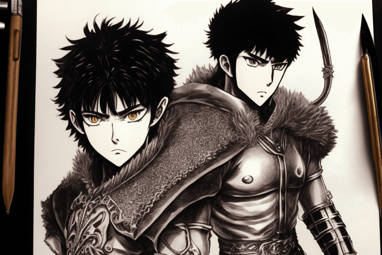 AI generated: monochrome, a man with big eyes, brown hair with tuft, in golden armor, manga, ((without helmet)), b...