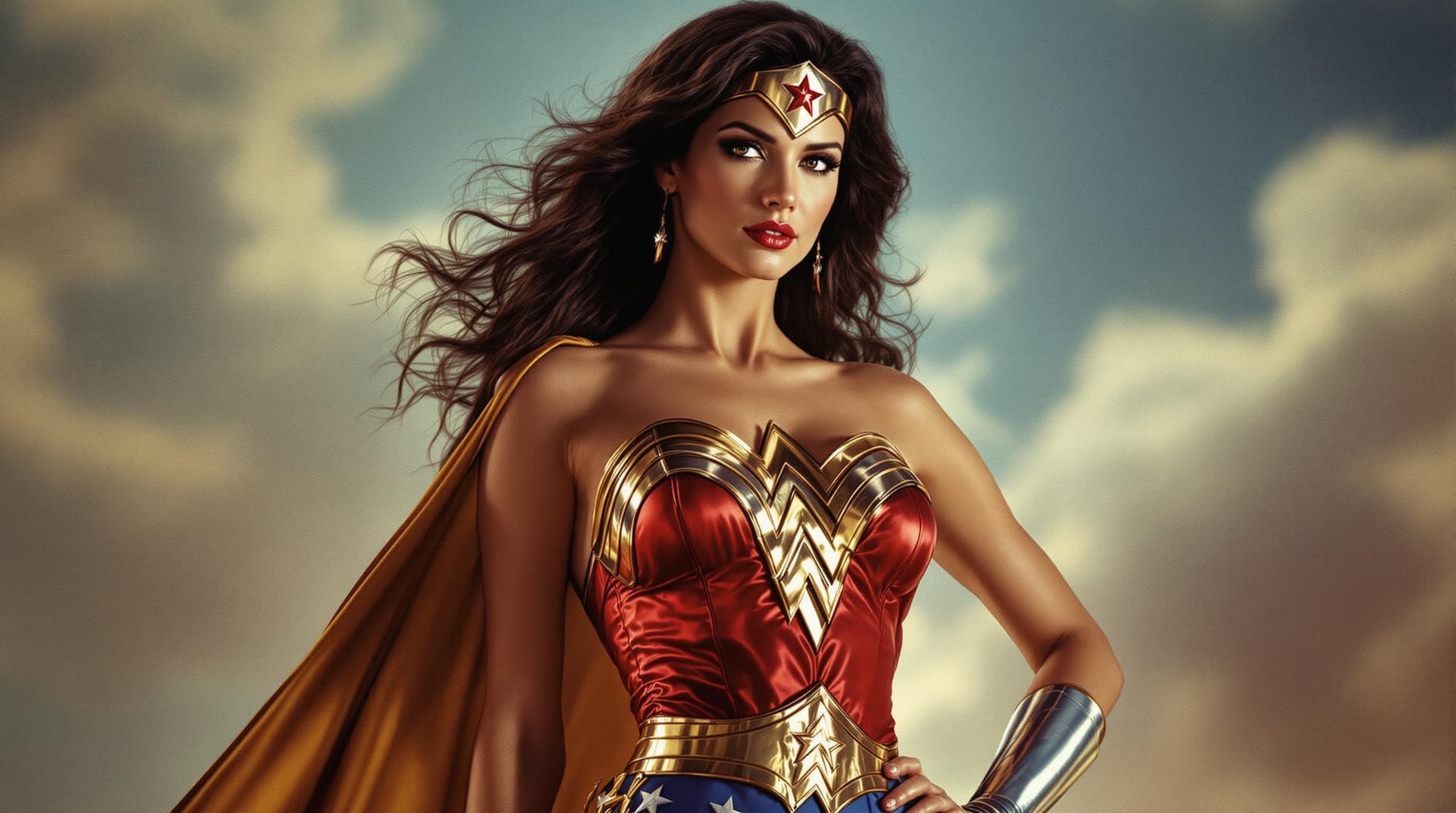 AI generated: 1980's Wonder Woman costume, woman resembling Lynda Carter, striking a heroic pose, vintage color to...
