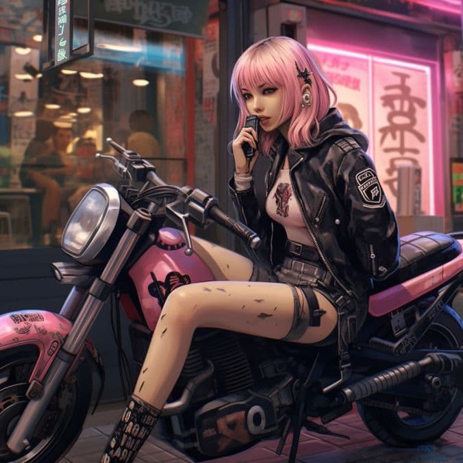 AI generated: (young lady) (sitting) (cool bike) (Tokyo bar) (anime) (Tokyo revengers) (street style:1.2) (edgy at...