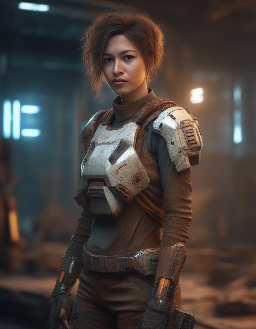 AI generated: full body, a beautiful cyborg girl with dirty and damaged body, rusty metal arms, rusty brown body, ...