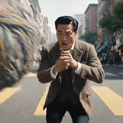 AI generated video: A 10-second hyperrealistic cinematic comedy scene. The same man panics as the street keeps unravelin...