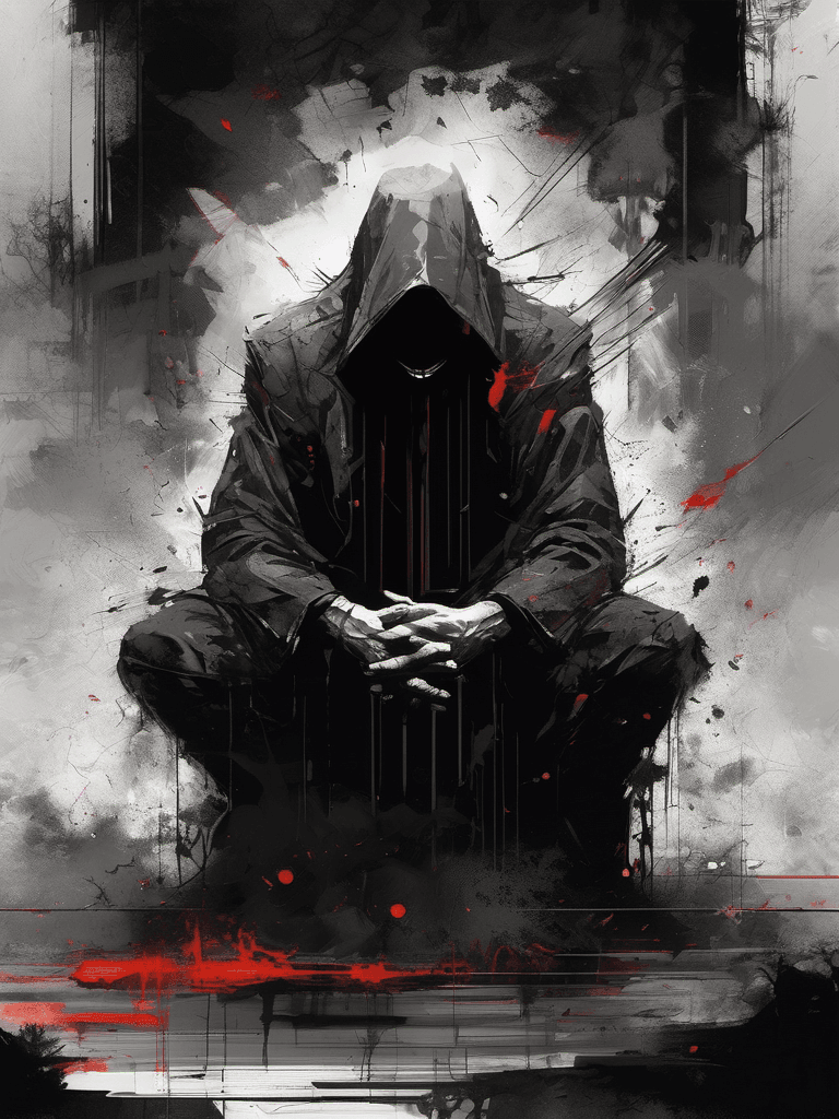 AI generated: kneeling and looking down, full body, desperate, no face, (psychopathic:0.8), brutal composition, gl...