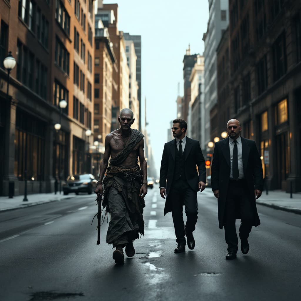 AI generated: A thin man dressed in ragged clothes walks along a wide street, accompanied by two guards in busines...