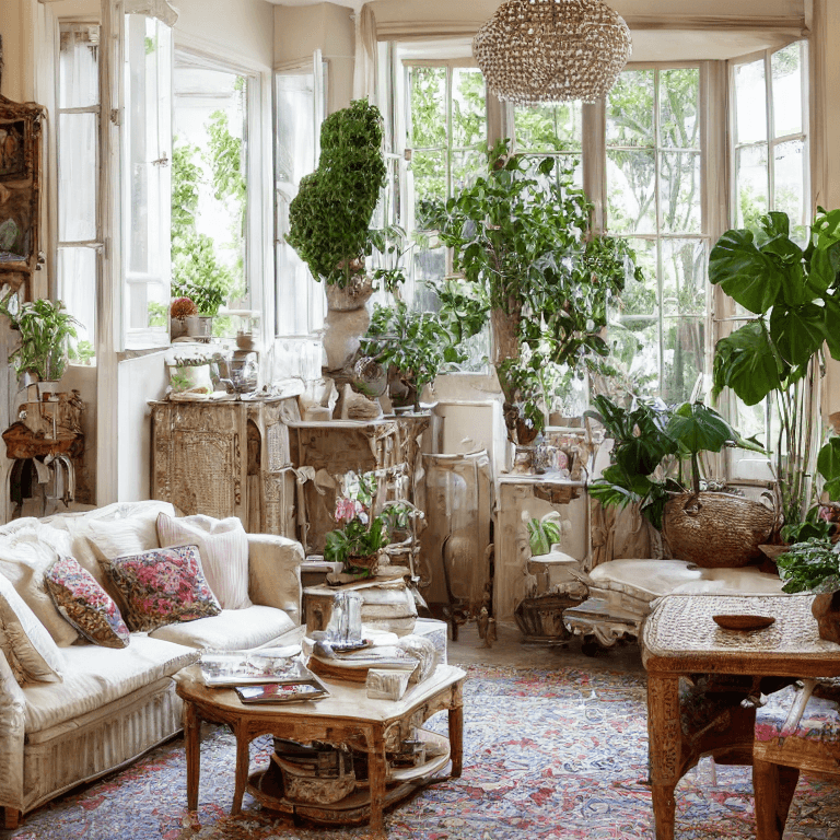AI generated: living room with French windows opening onto the garden, Provençal style sideboard, plants, jute car...