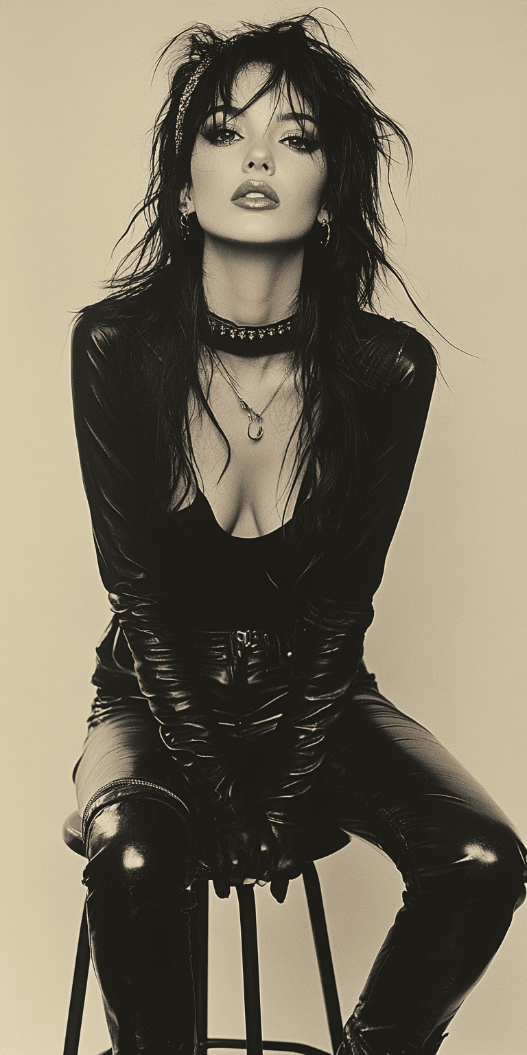 AI generated: Photograph of a beautiful woman with black, wavy hair wearing leather pants and a headband, posing o...