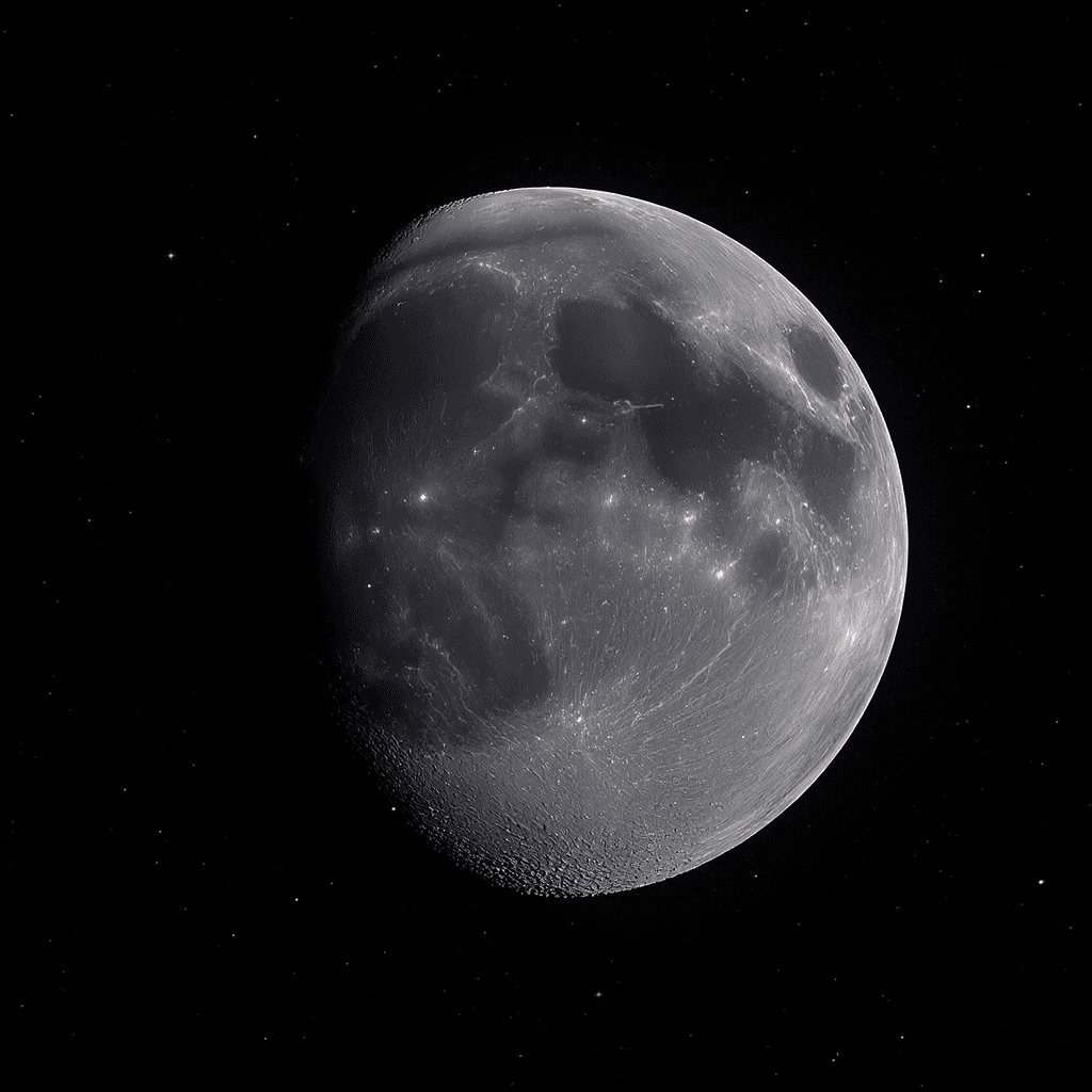 AI generated: a black moon with glowing white thin rivers running through and glowing blue geysers shooting out of...