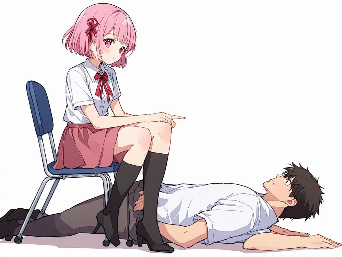AI generated: Realistic photography of Natsuki sitting on a chair next to her male teacher on the floor. Natsuki f...