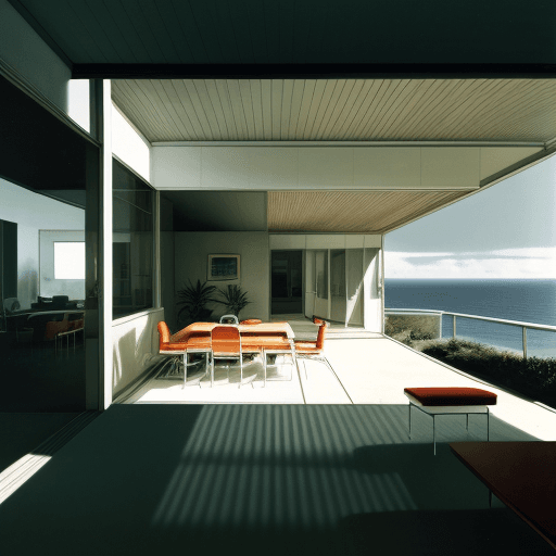 AI generated: Hyper realistic eye level exterior photo of a mid century modern style house overlooking the ocean, ...