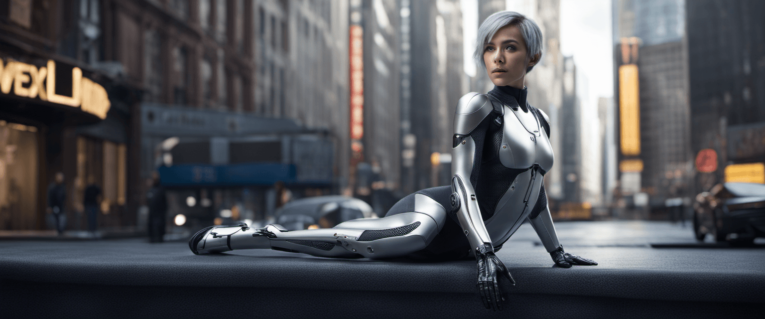 AI generated: This is a beautiful female Android in a sexy pose with a small breast, and a detailed body. In backg...