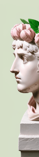 AI generated: Plaster head of David, pink peonies on the head, Doric order, mint background --ar 4:5
