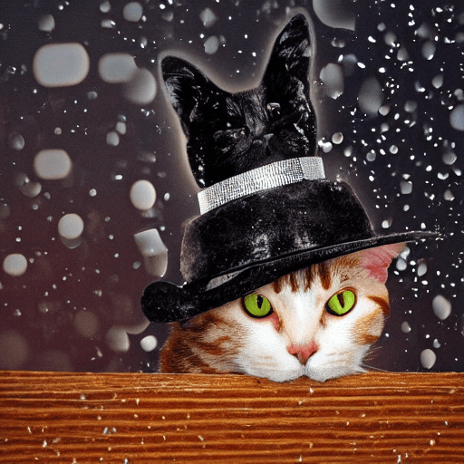 AI generated: A cat in a hat in rainy day. Futuristic ambient, distopy, rainy, dawn