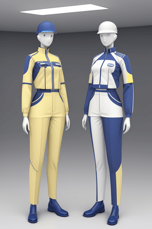 AI generated: gas station staff uniforms, Clothing design, blue and white yellow technology work clothes, futurist...
