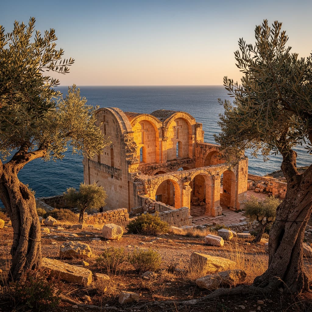 AI generated: Early Christian basilica ruins in northern Tunisia overlooking the Mediterranean Sea, golden hour su...