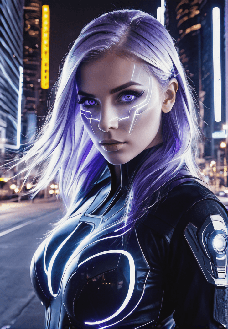 AI generated: (masterpiece, best quality), portrait of a stunning futuristic female warrior, glowing silver-white ...