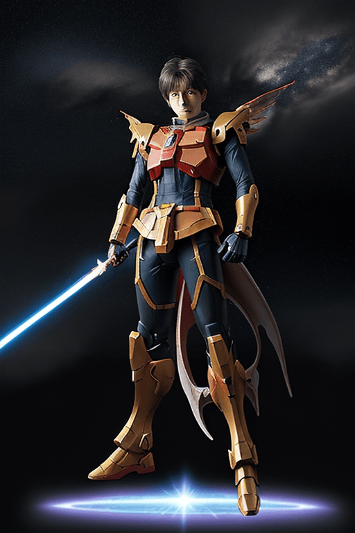 AI generated: Create anime Gundam full body, flaming head, lighting Saber ,wing dragon tech, galaxy space,HD quali...