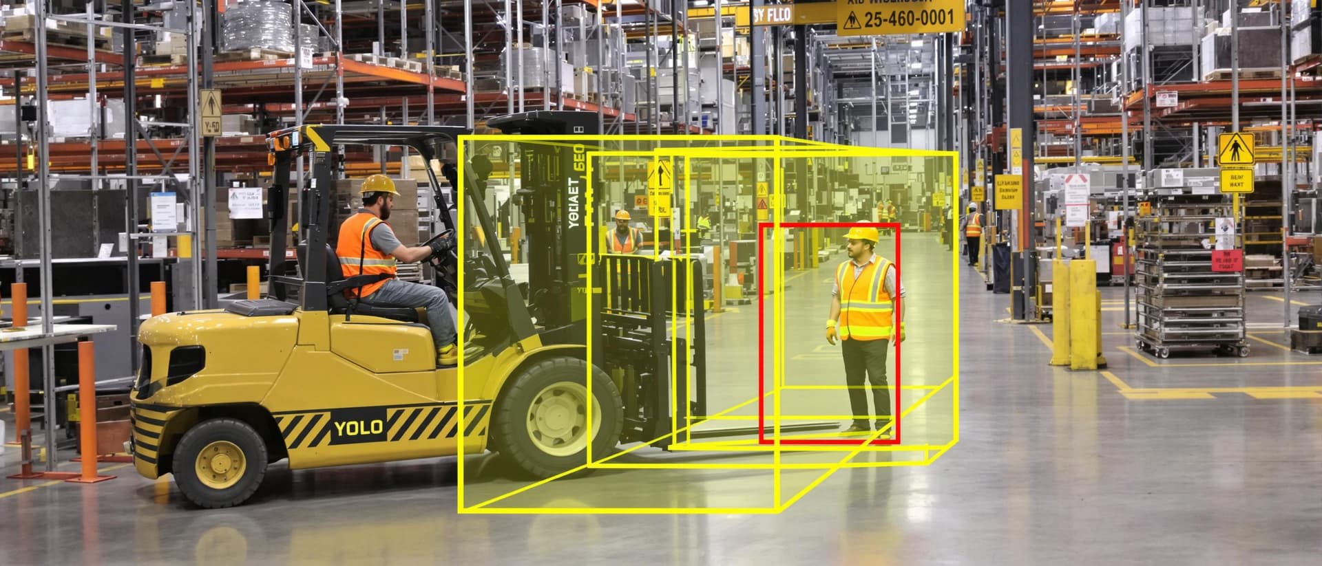 AI generated: A high-resolution image depicting a near-hit incident in a busy manufacturing site where an AI visio...