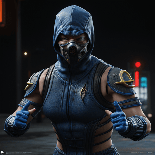 AI generated: Mortal Kombat Scorpion, cyberpunk, outdoor, street, royal blue, hyperrealism, photorealistic, 8k, un...