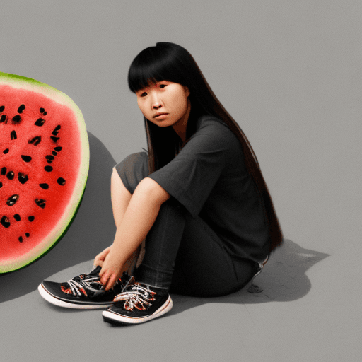AI generated: 
A young Chinese woman with long straight blonde hair and bangs and completely black eyes, with a th...