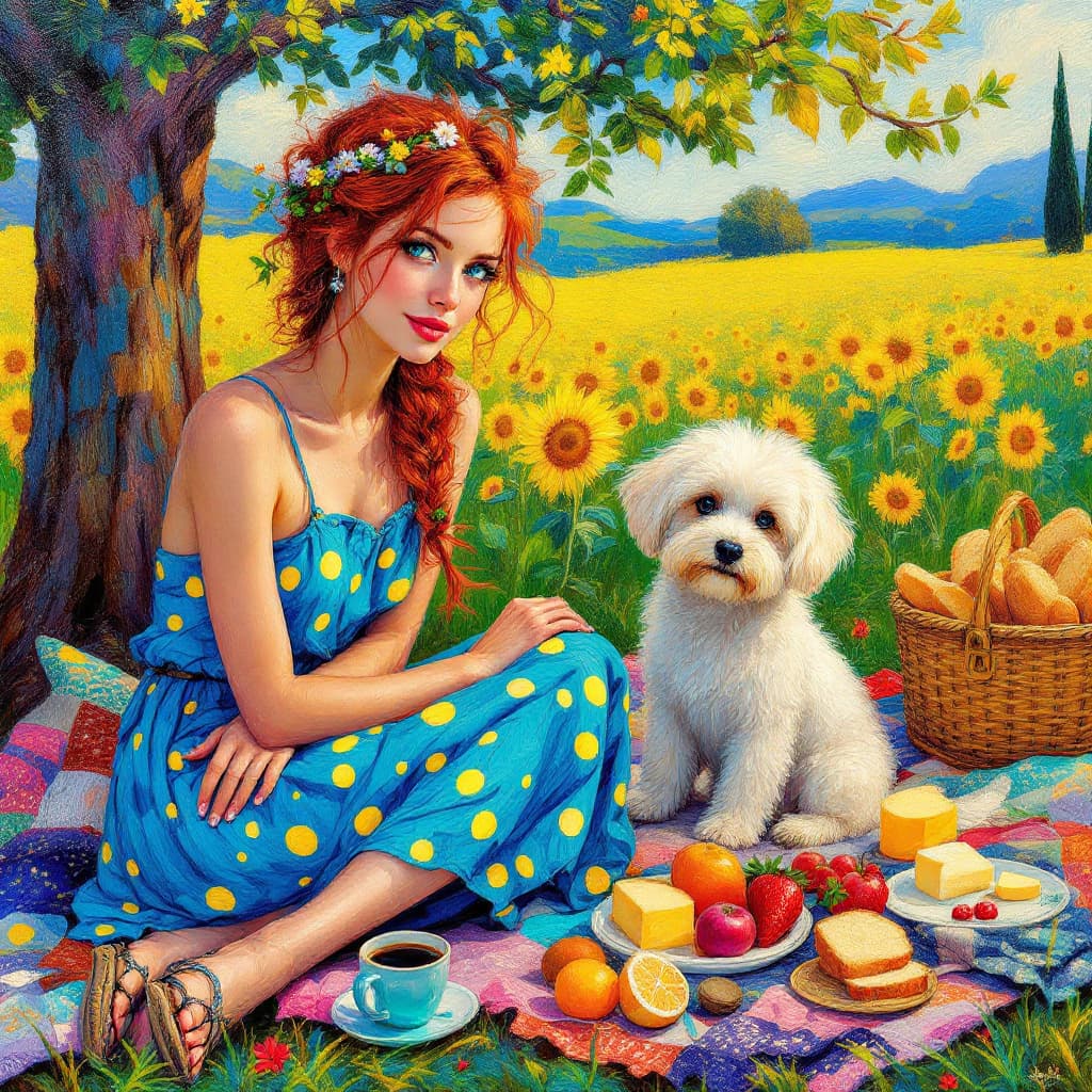 AI generated: A vibrant oil painting in the style of Van Gogh, depicting a woman with fiery red hair styled in a m...