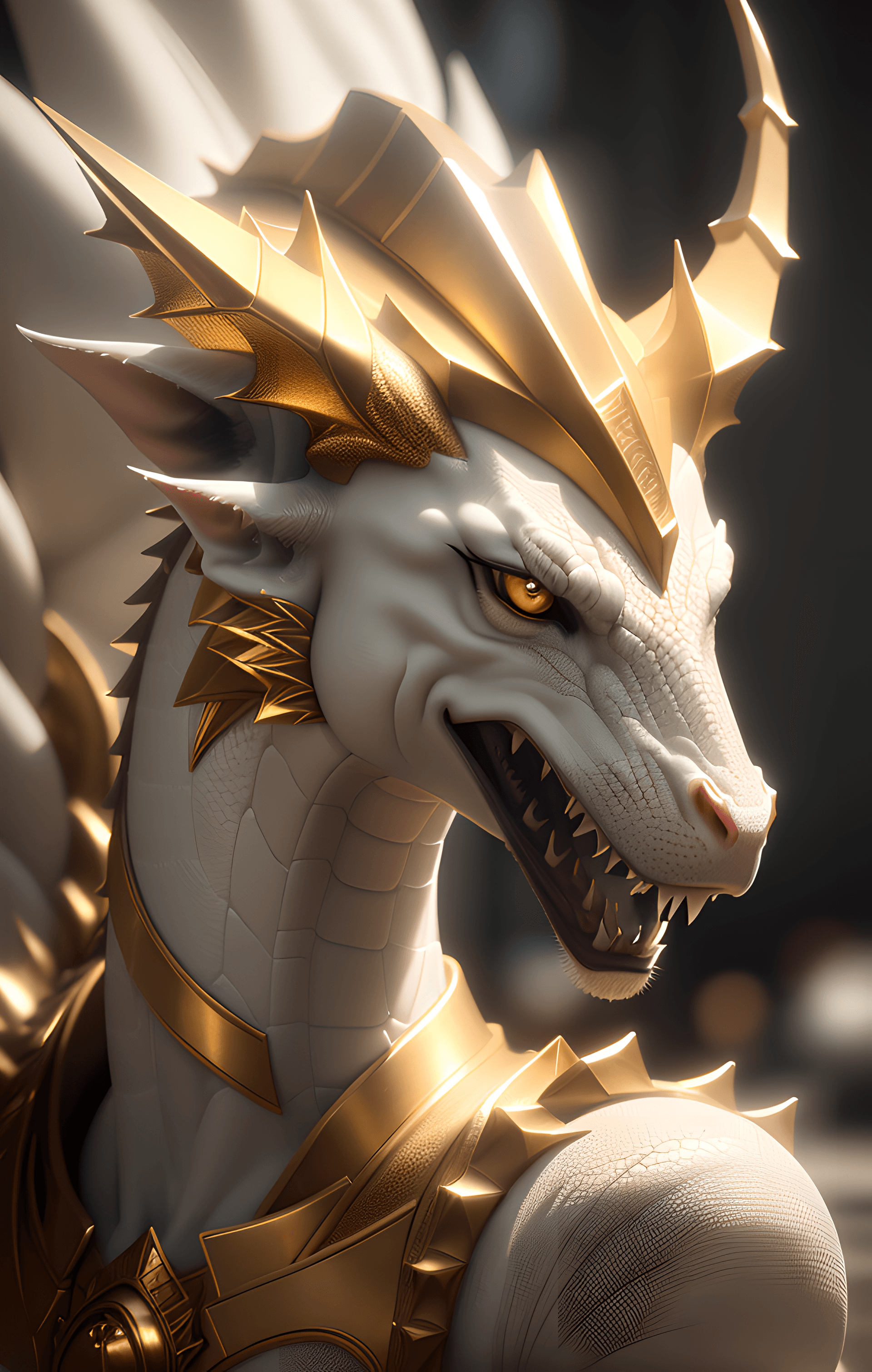 AI generated: a close-up dragon statue, made of marble, gold and white details, complicated patterns, complicated ...