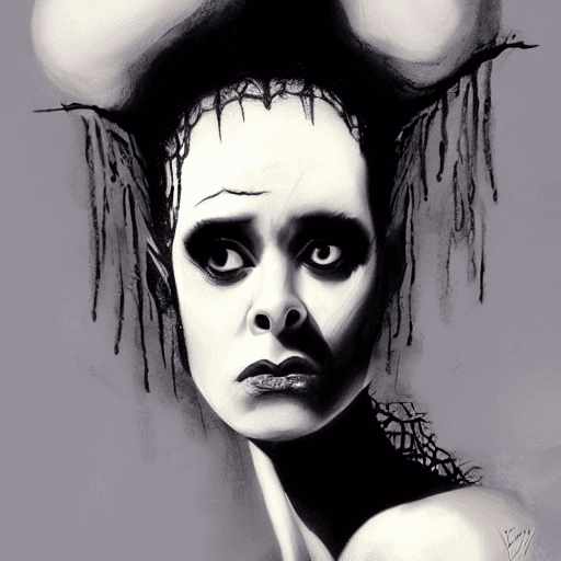 AI generated: portrait of bride of frankenstein, (cleavage), (busty),black hair, (white streak in her hair), dream...