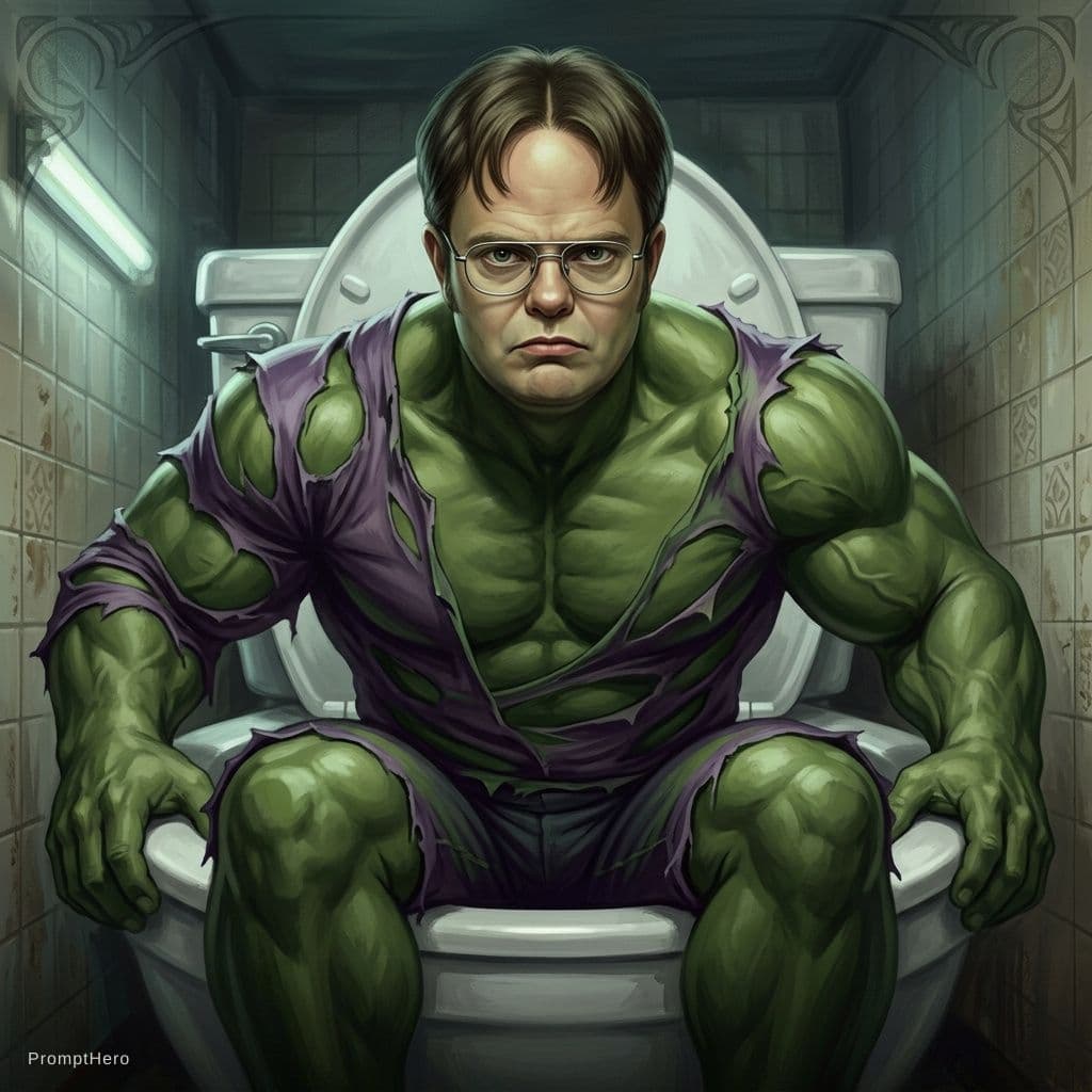AI generated: Dwight Schrute as Hulk, Hulk costume, Dwight Schrute hairstyle, Hulk body type, Dwight Schrute Face,...