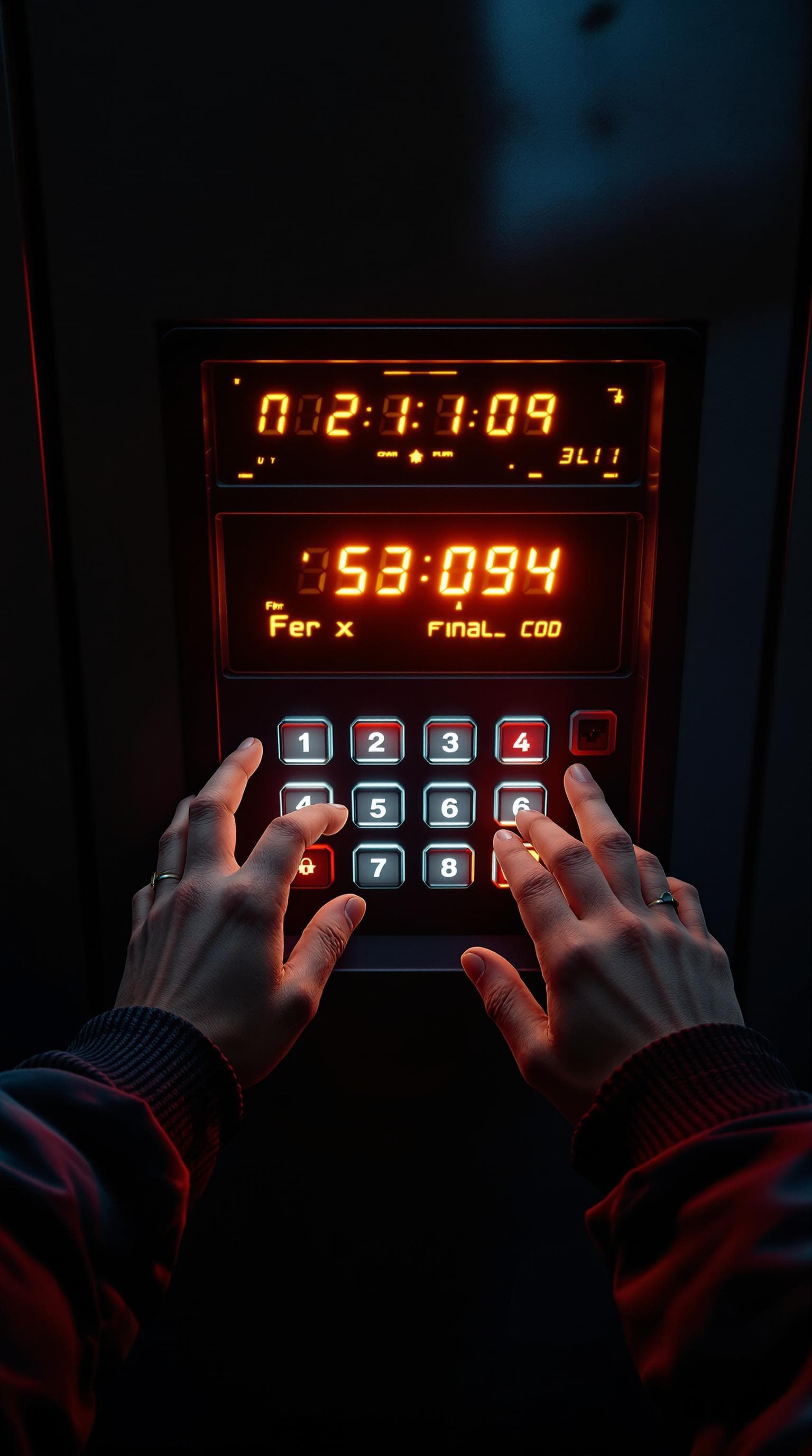 AI generated: "First-person perspective of a person standing in front of a secure terminal. Your hands hover over ...