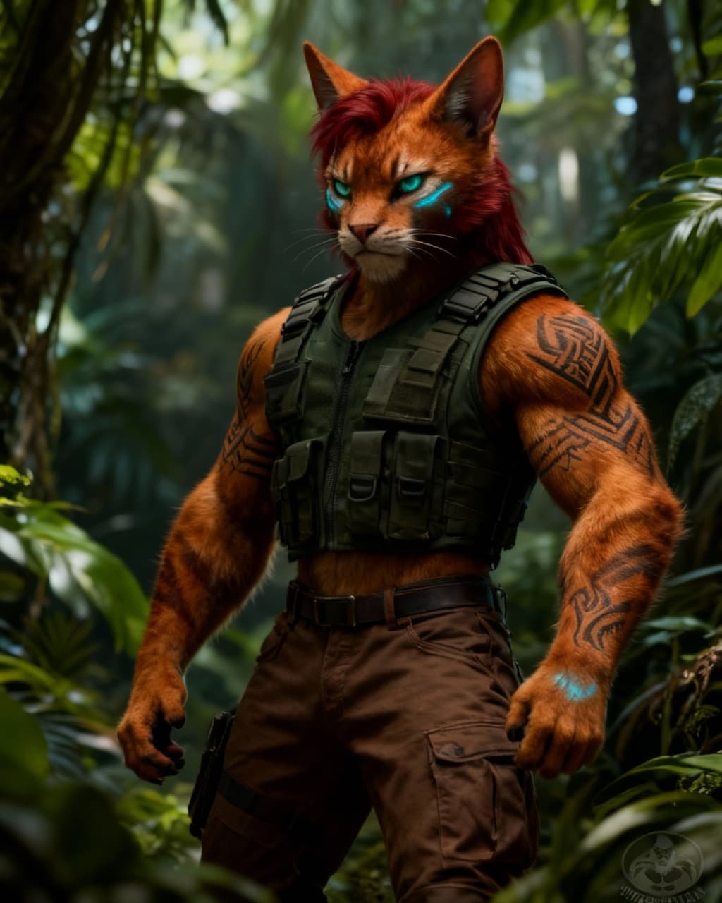AI generated: Blend species of feline to create a new anthropomorphic species from this original with no tail. Alt...