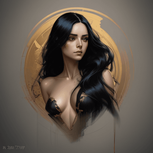 AI generated: a woman with long black hair in a gold painting, in the style of charlie bowater, no clothes, dark b...