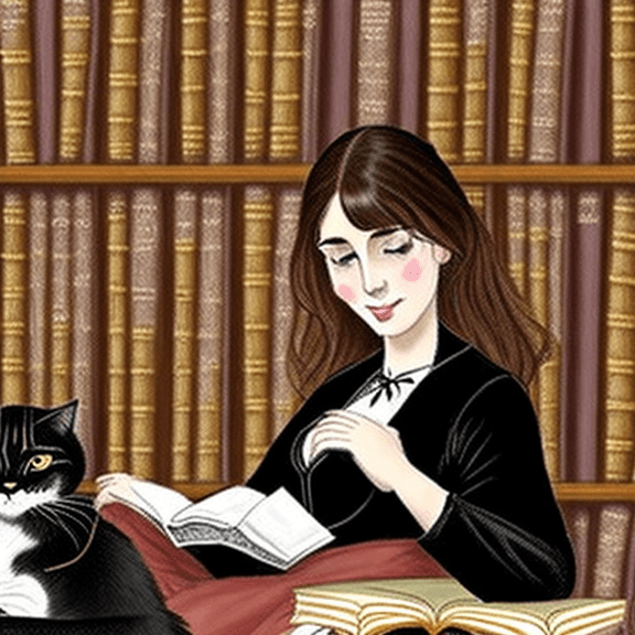 AI generated: an attractive brown-haired woman with chest-length hair sitting in an old library reading a book whi...