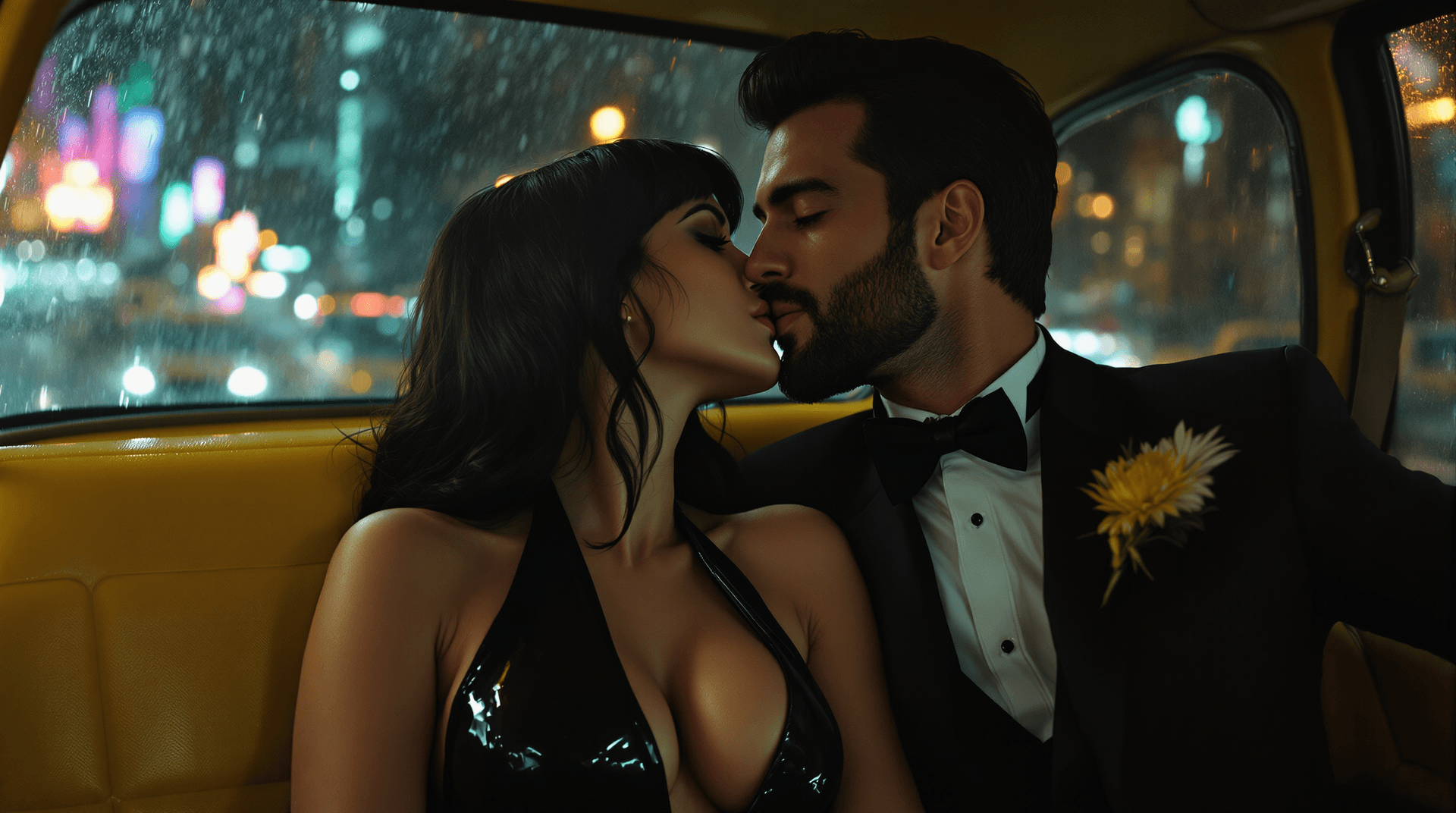 AI generated: Interior of a yellow cab at night. A Caucasian couple (Lilith and Jon) in the back seat. Lilith (plu...