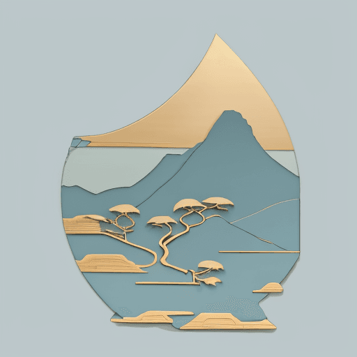 AI generated: paste up,lacquer painting,relief,minimalist composition Chinese landscape ,light blue sky solid colo...