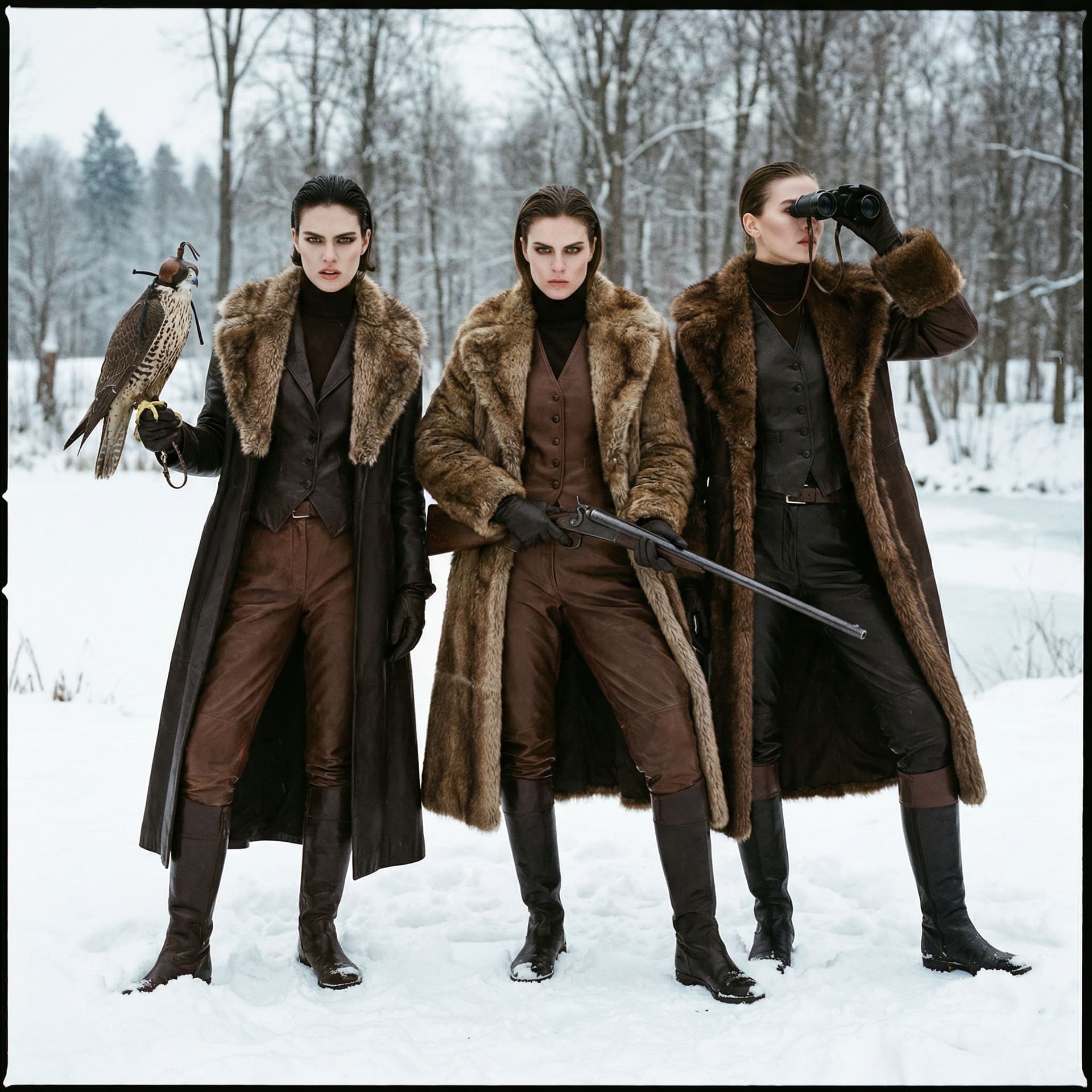 AI generated: Stylish modische 3 Dominante Jägerinnen ganz in Leder, Lederbrechess, auf der Jagd gerinnen ganz in ...
