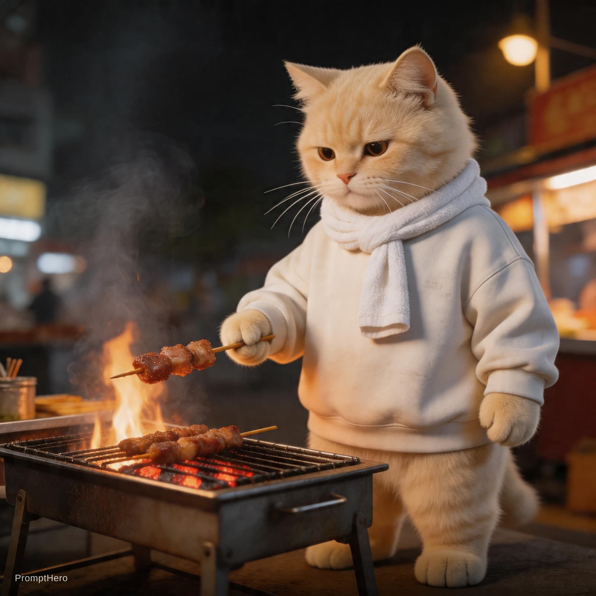 AI generated: Dramatic photo,panorama,full body,anthropomorphic real cute creamy cat,wearing old white sweatshirt,...