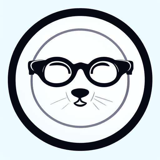 AI generated: round shaped logo, white background, sketch, head seal, happy, wearing round glasses 